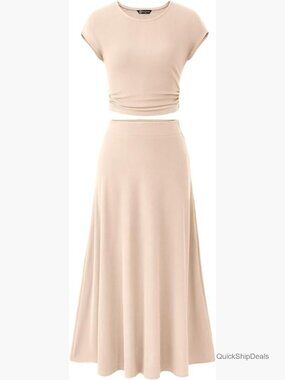 Polyester Elastane Knit Midi Skirt Set with Cap Sleeve Crop Top